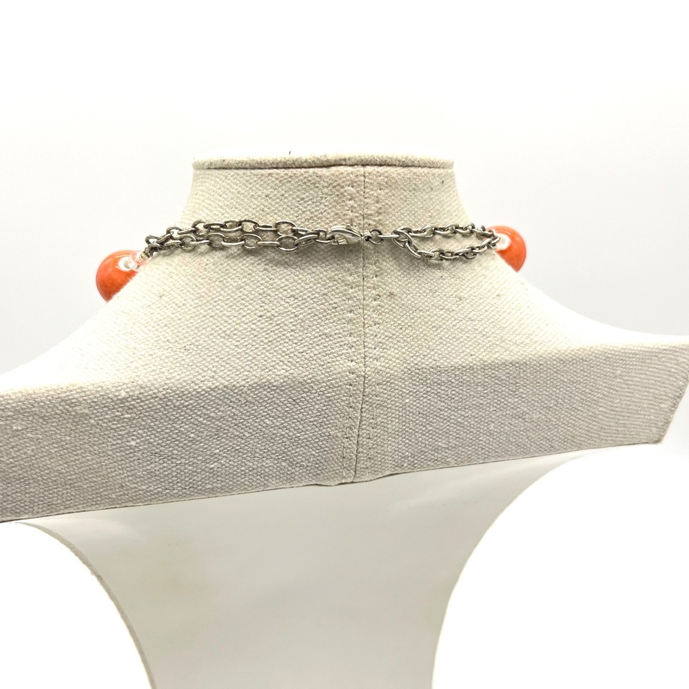 Orange Chunky Bead Necklace Iridescent Blue Pavé Rhinestone Statement 18.5" - Picture 3 of 6